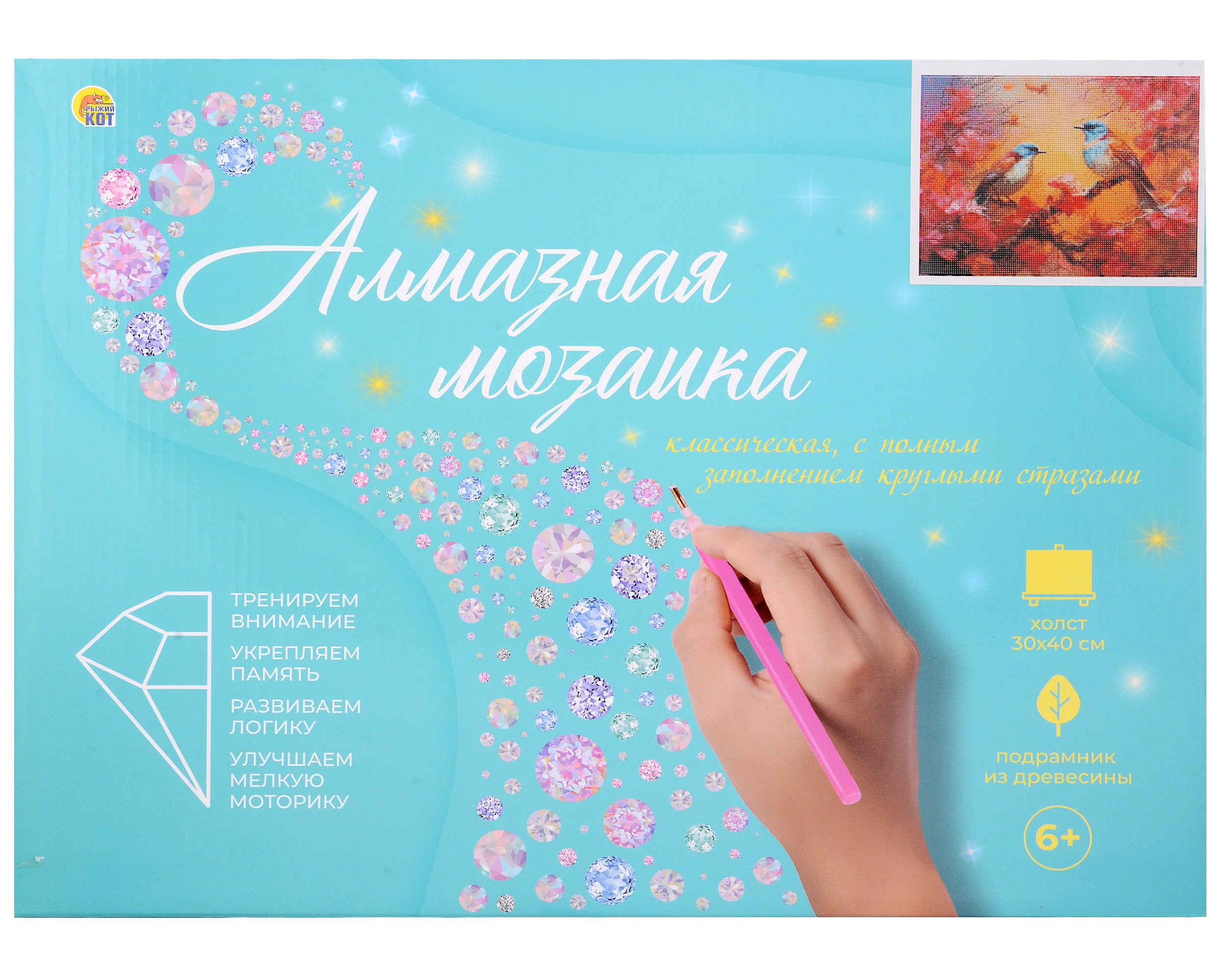 Алмазная мозаика с подрамником, с полным заполнением &quot;Птицы на ветке&quot;, 30 х 40 см