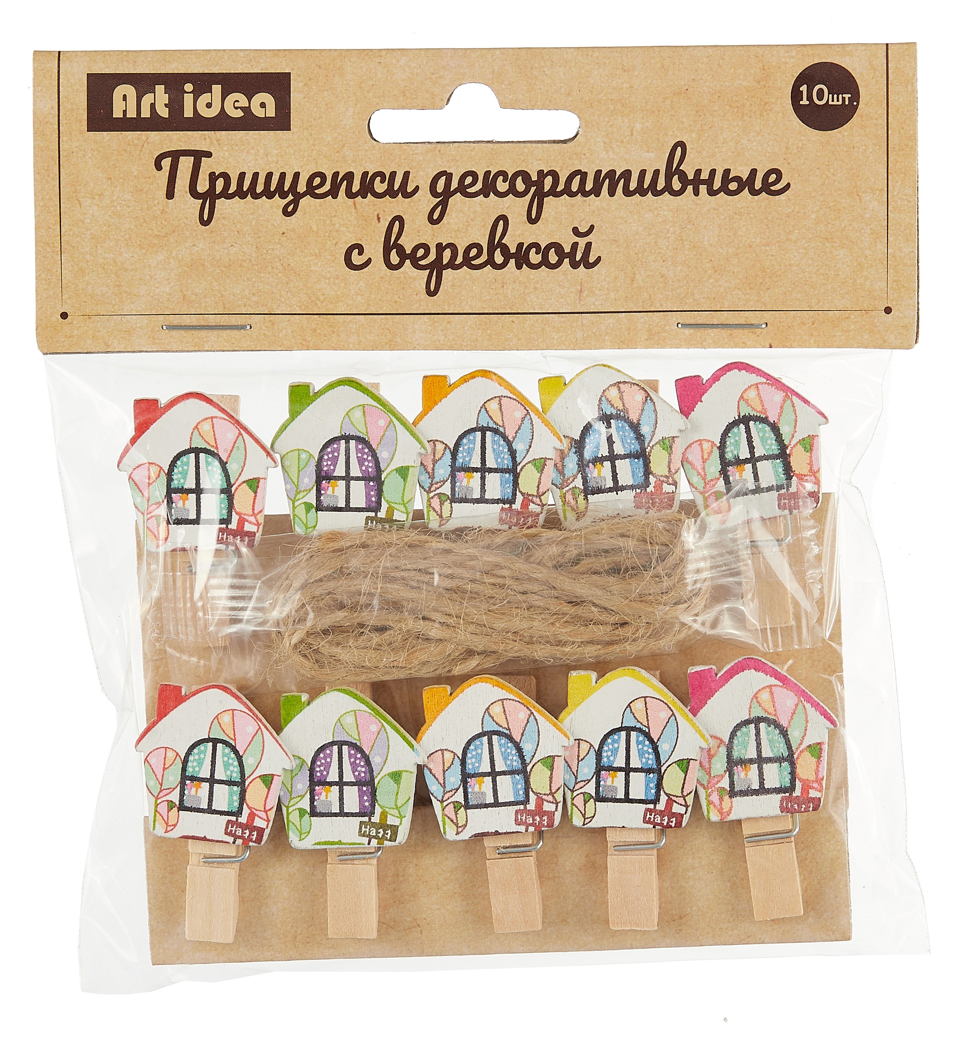 Прищепки декоративные с веревкой &quot;Домики&quot;, 10 штук