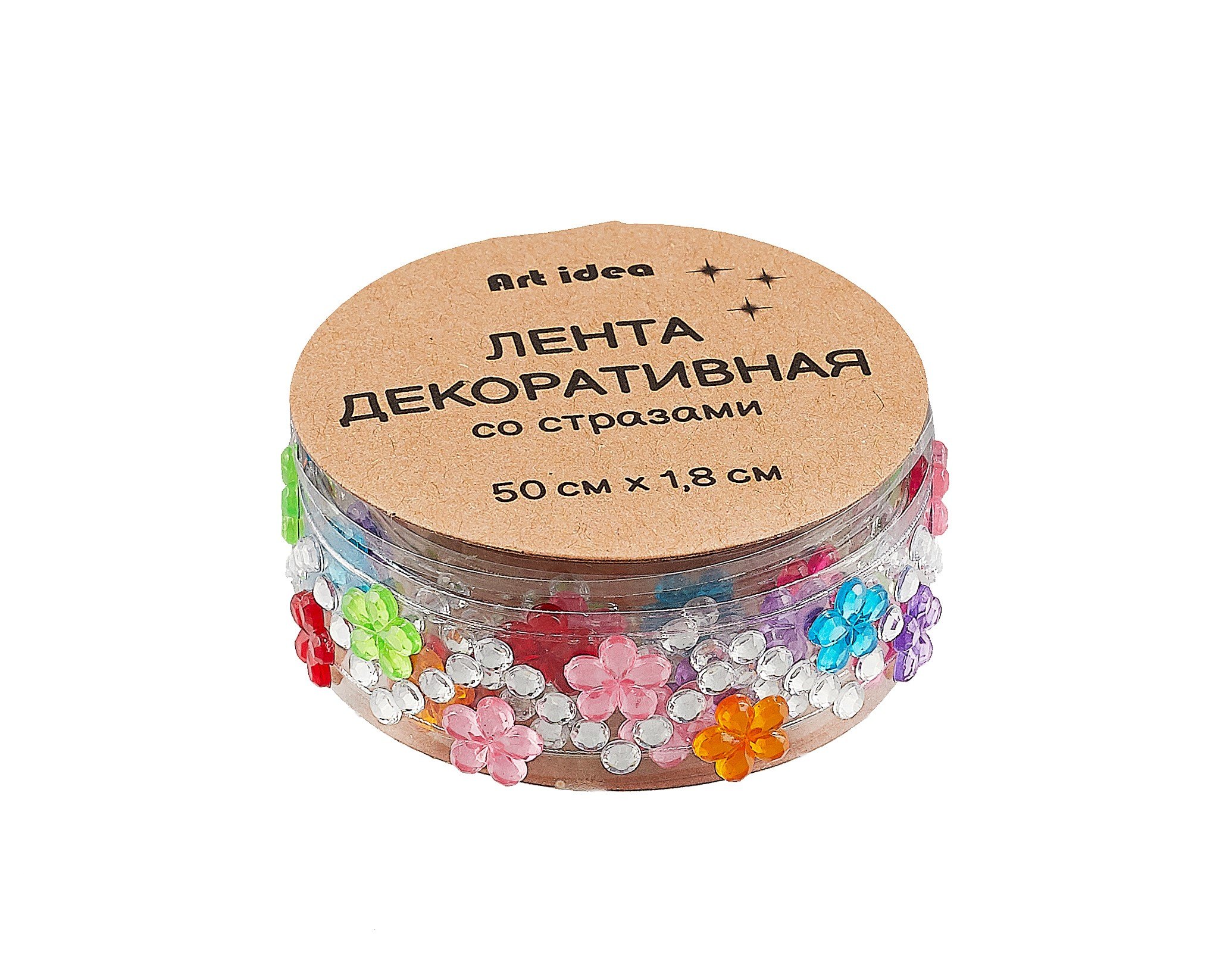 Лента клейкая декоративная со стразами 50смх1,8см с цветочками